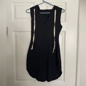 Black Sleeveless Dress with hood and Cream Drawstrings